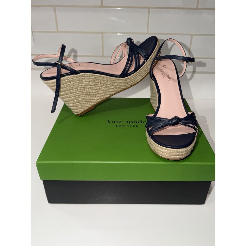 Kate Spade Tessa Navy Blue Leather Espadrille Wedge Sandals Size 11 B EUC - Picture 4 of 15